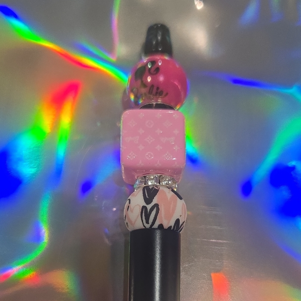 Pink Beaded Barbie And Lv Cube Pen.Includes Extra Ink